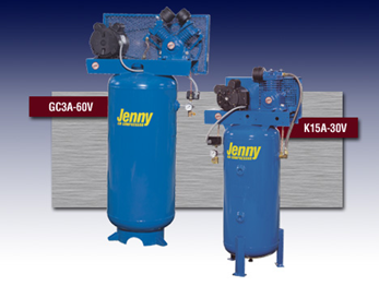 Two blue jenny air compressors are sitting next to each other