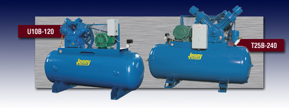 Two blue air compressors are sitting next to each other