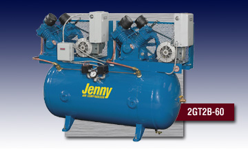 A blue jenny air compressor with two tanks attached to it