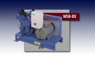 A blue air compressor with a motor and a sign that says w5b-bs