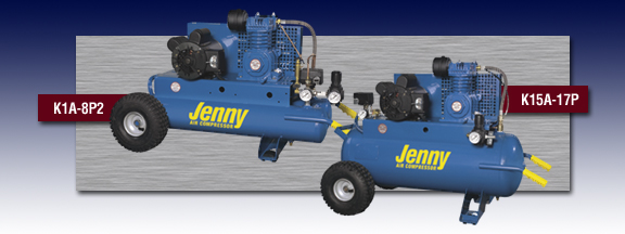 Two blue jenny air compressors are sitting next to each other