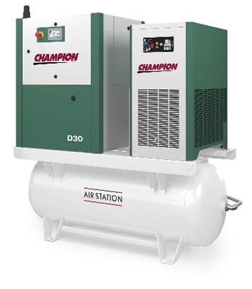 A champion air compressor is sitting on top of a white tank.