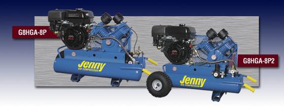 Two blue air compressors with jenny written on them