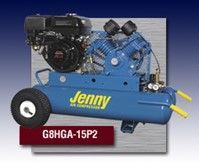 A blue air compressor with wheels and a gas engine.