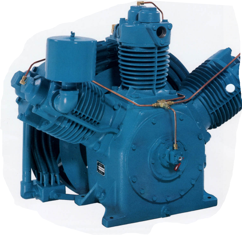 A blue air compressor is sitting on a white surface