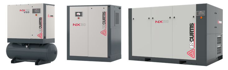 Three air compressors are sitting next to each other on a white background.