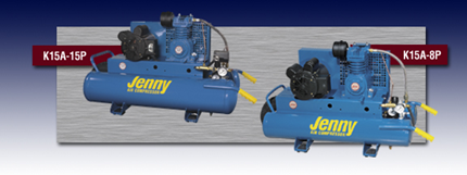 Two blue jenny air compressors are displayed side by side