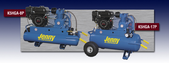 Two blue jenny air compressors are shown side by side