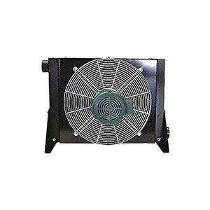 A black radiator with a fan on top of it