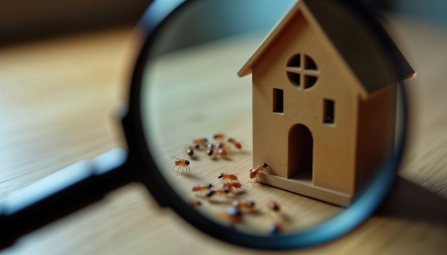Magnifying glass focused on termites near a small wooden house model.