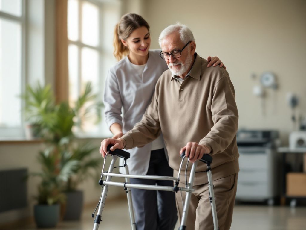 Ergotherapeut helpt iemand om met rollator te lopen