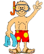 Boy in red swim trunks, snorkel, and goggles waving a peace sign, holding a towel.