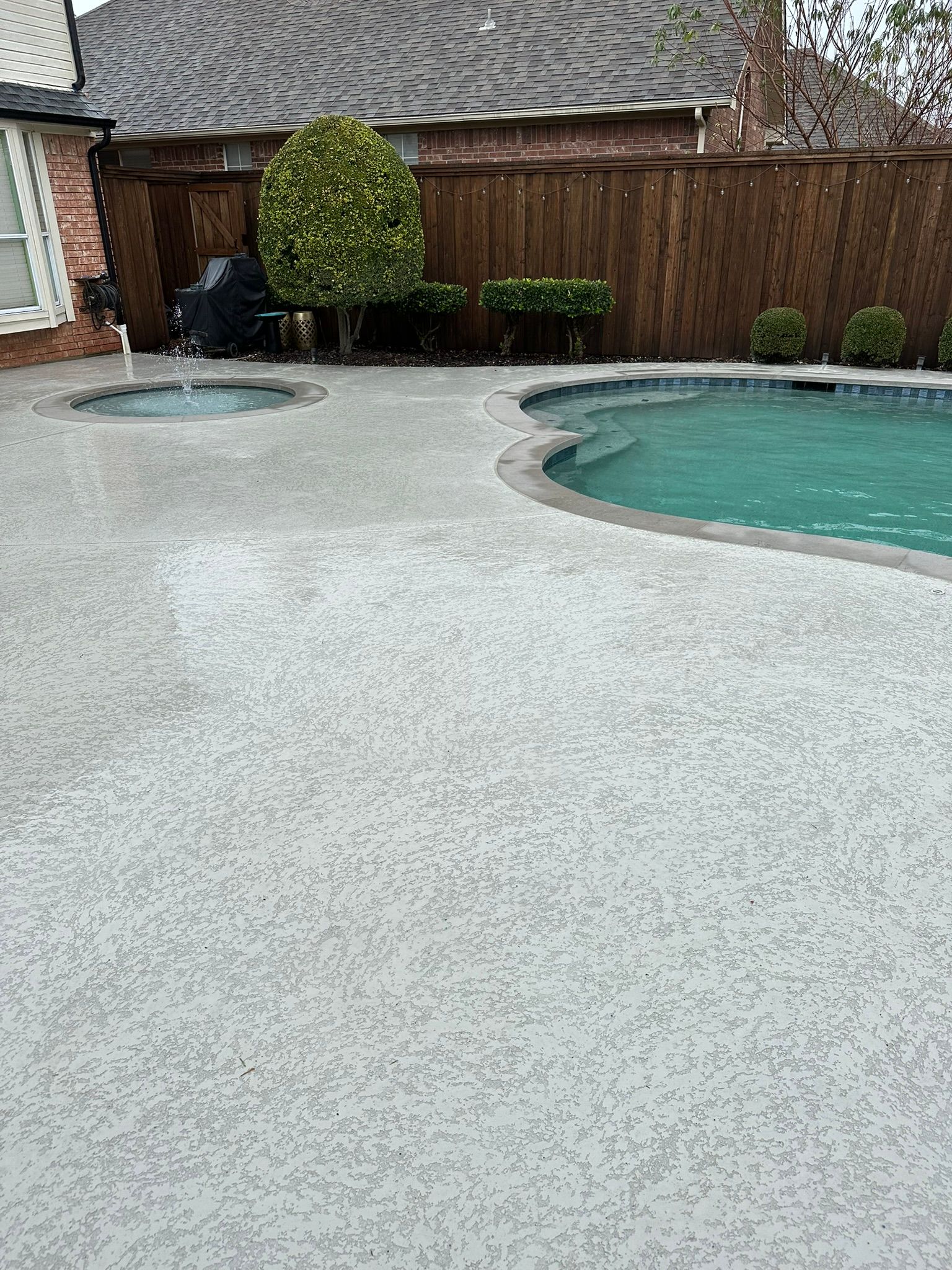 Pool and spa with gray speckled concrete, brown fence, and green bushes.