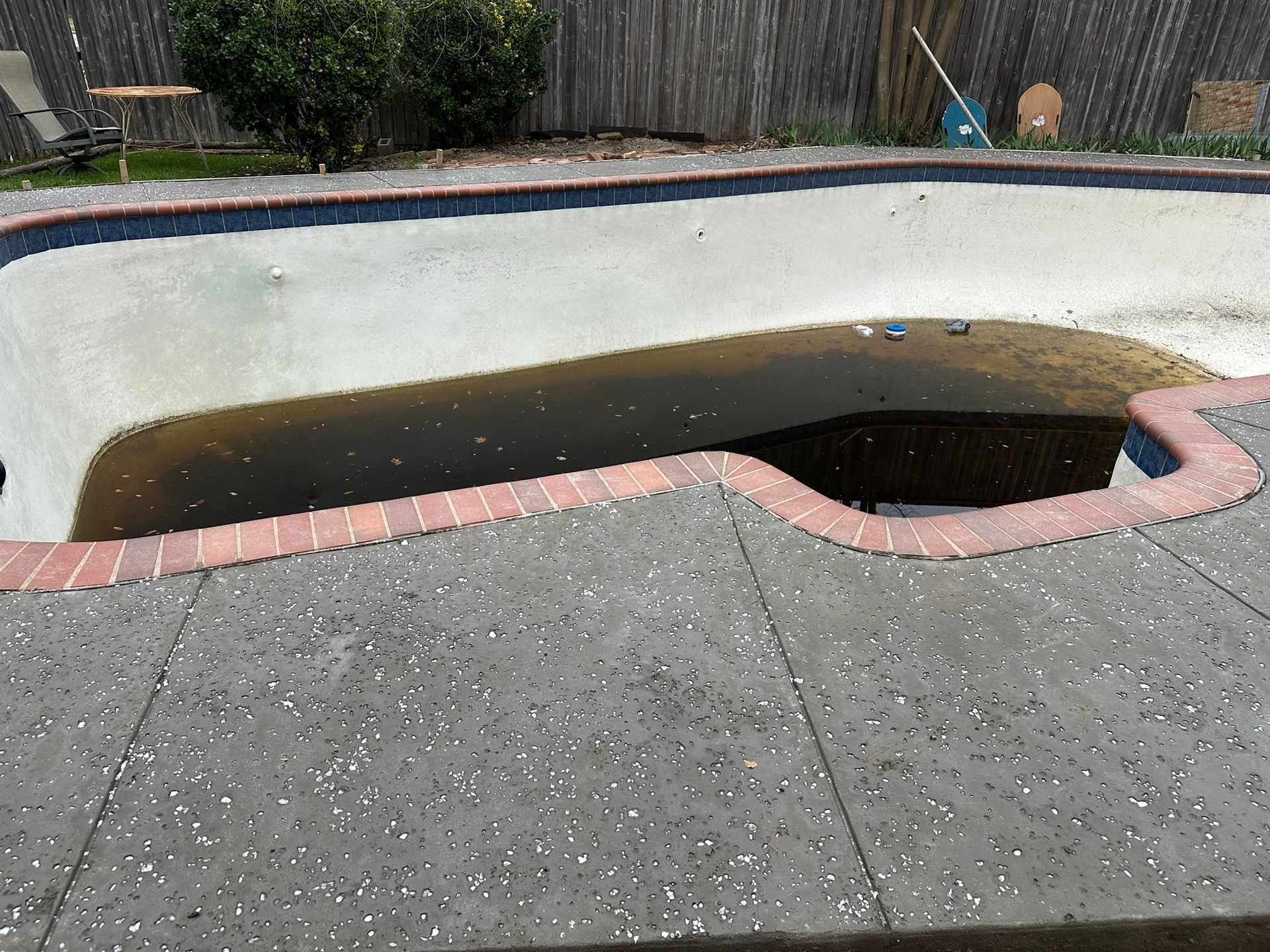 Partially filled, murky water in a concrete pool. Red brick edge and grey concrete patio visible. Wooden fence and greenery in background.