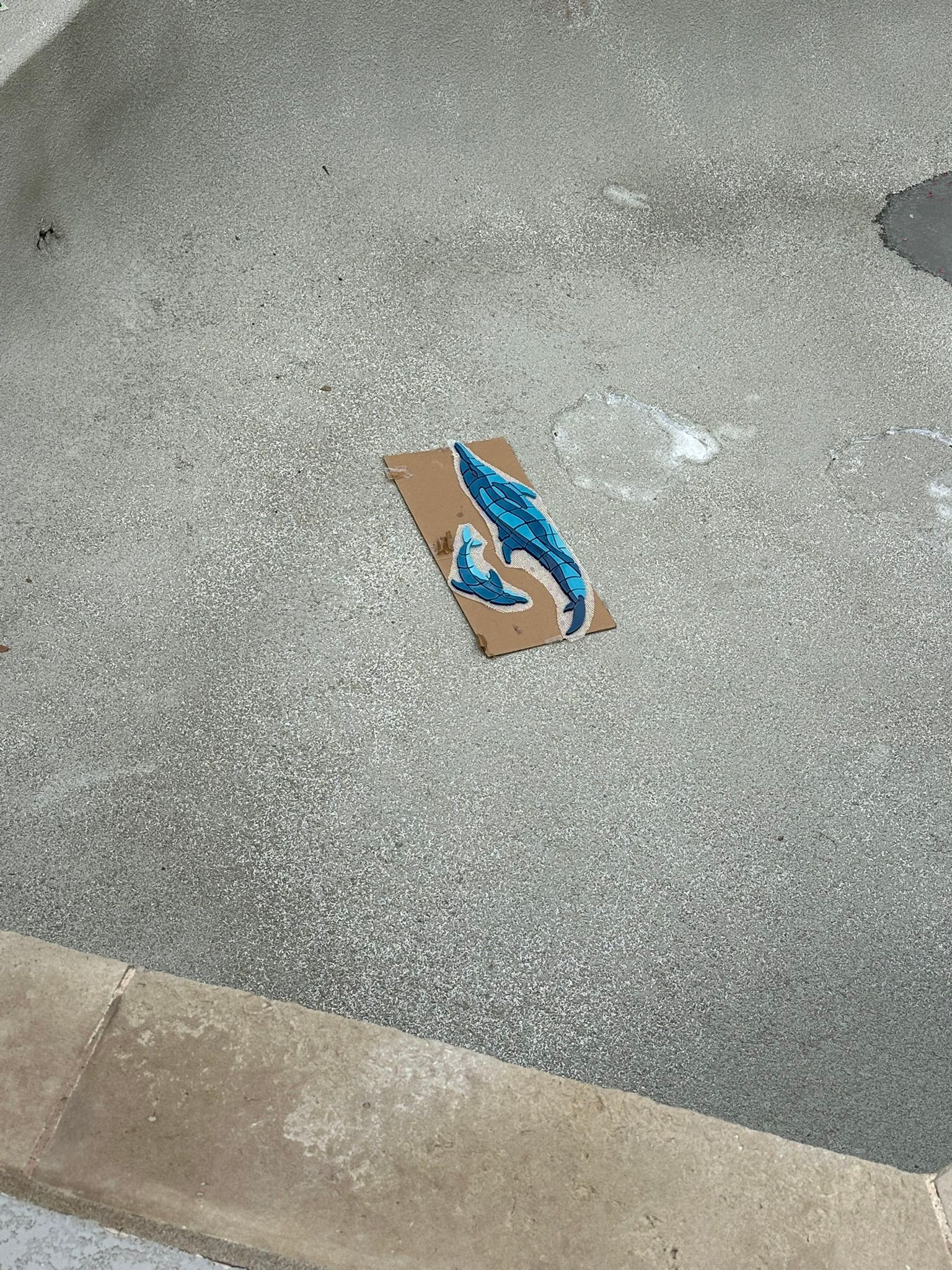Cardboard with a blue and white whale painted on it, lies on concrete.