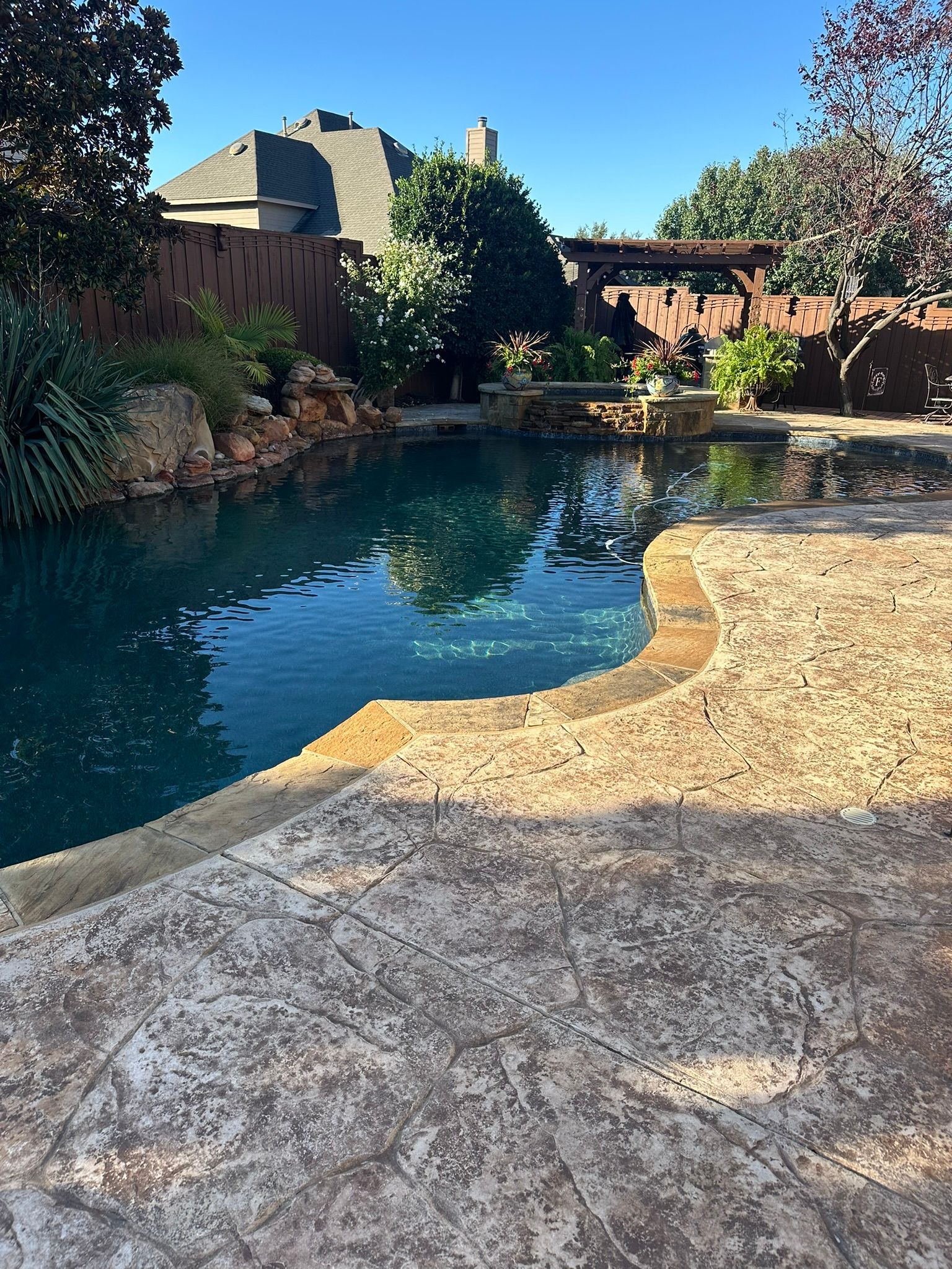 Backyard pool with stone deck and landscaping under a clear blue sky.