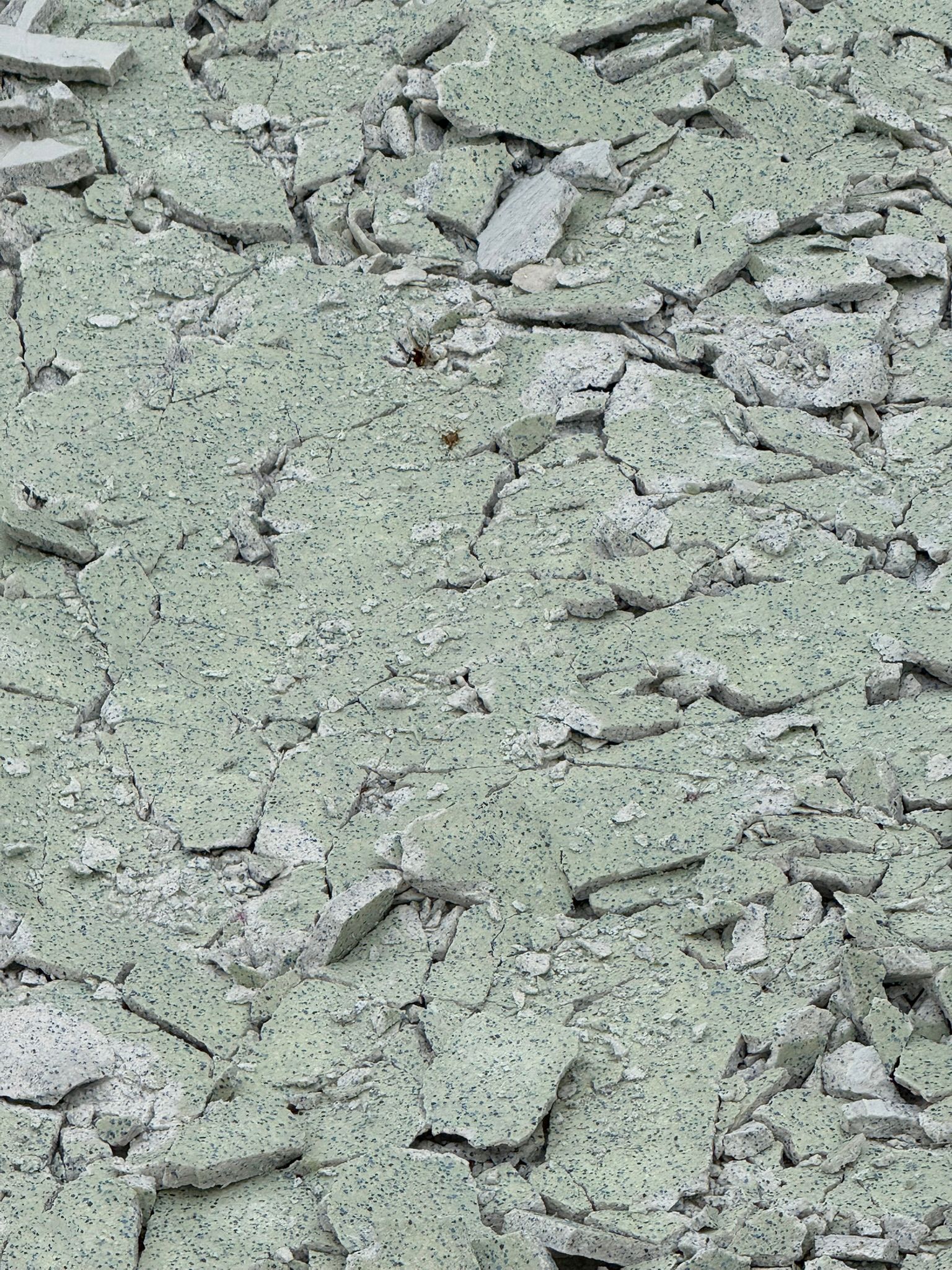 Debris of broken, green-speckled ceiling tiles scattered on the ground.