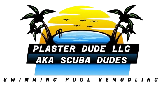 Logo: Palm trees, pool, sun, and text "Plaster Dude LLC AKA Scuba Dudes Swimming Pool Remodeling".