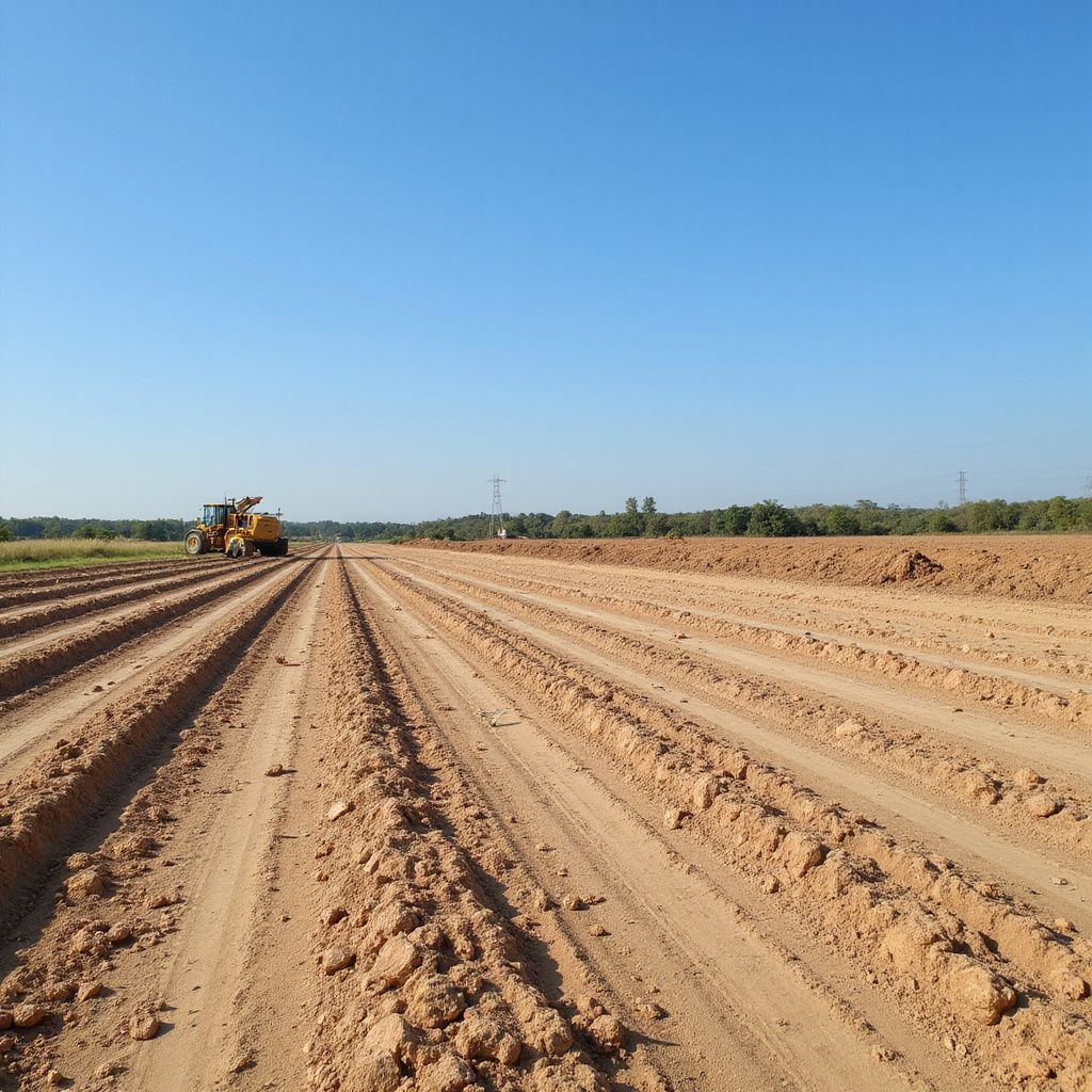 A yellow bulldozer working on a field with parallel furrows under a clear blue sky.