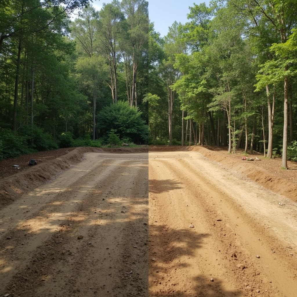 Dirt road cleared through a forest, the sky is visible above tall trees.