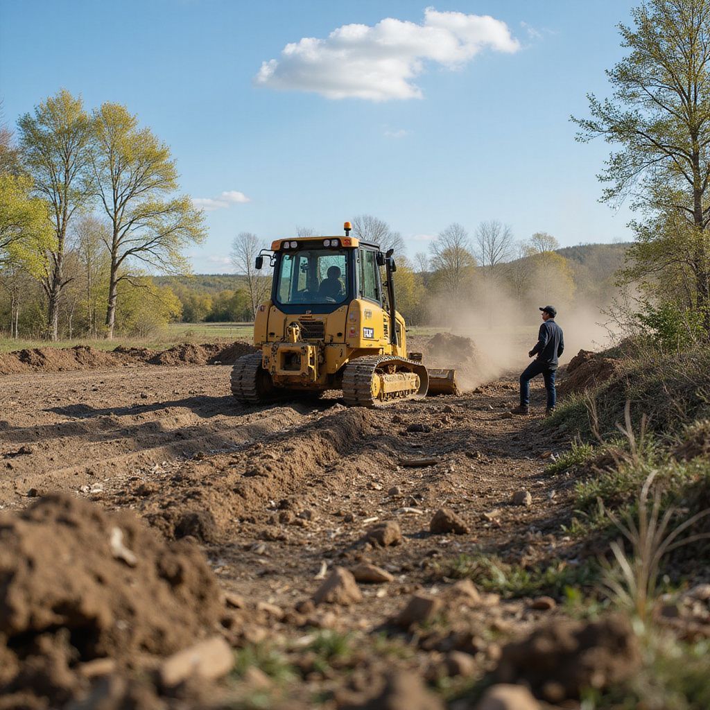 Yellow bulldozer moving dirt, with a person watching, in a field on a sunny day.