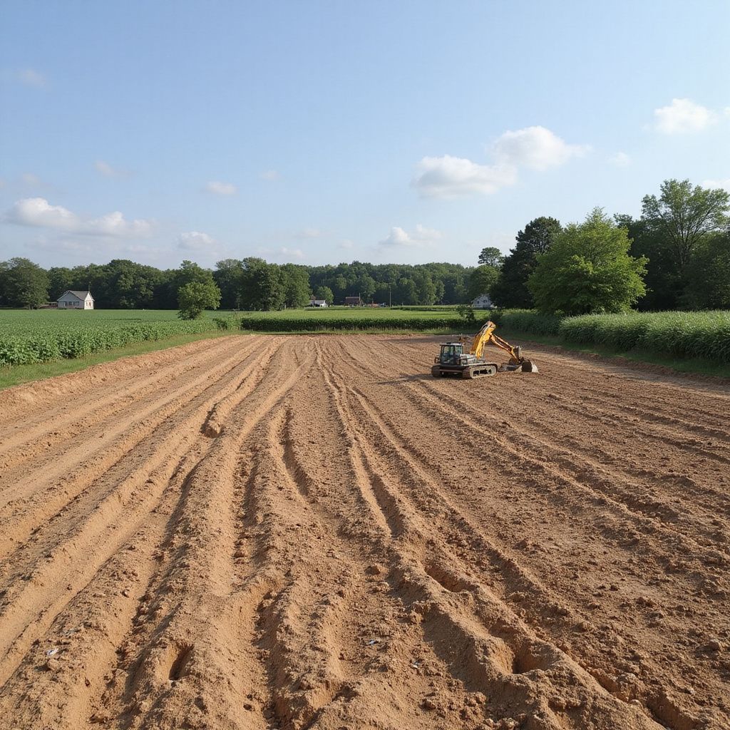 Tilled field with tractor and excavator, trees in the background, blue sky overhead.
