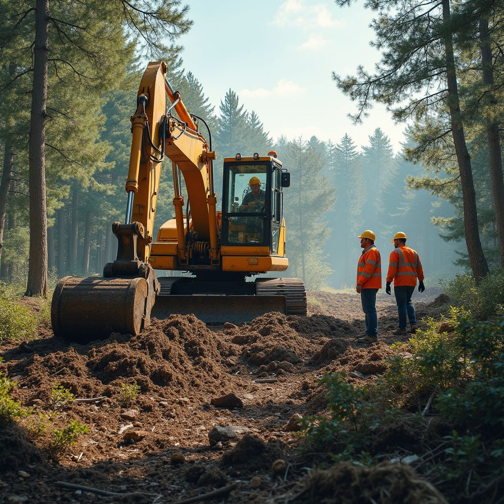 An excavator in a forest clearing, with two workers in orange vests standing nearby.