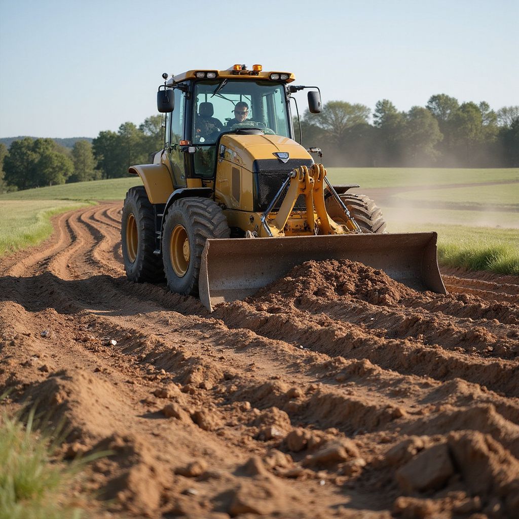 Yellow tractor with blade leveling dirt path in a field.