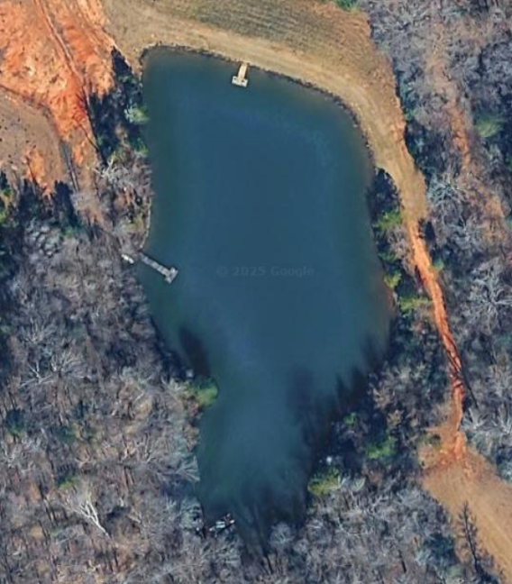Aerial view of a dark blue pond surrounded by trees and a dirt path. A wooden dock extends into the water.