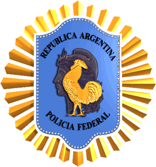 Emblema de la Policía Federal Argentina: Escudo azul con gallo de perfil, rodeado de rayos dorados