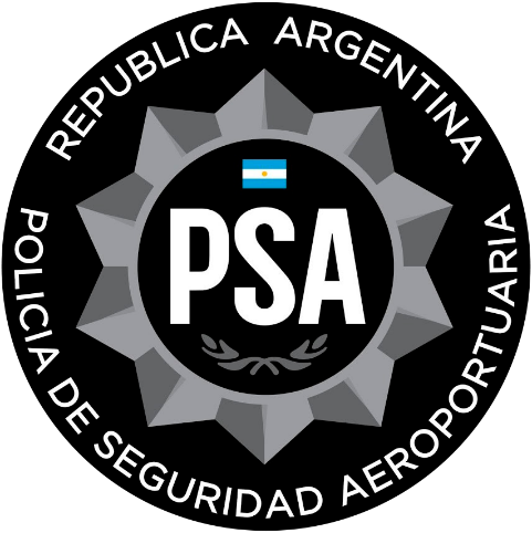 Sello de la Policía de Seguridad Aeroportuaria Argentina (PSA) con texto y bandera en diseño de estrella.
