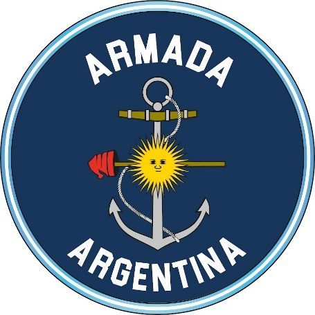 Emblema de la Armada Argentina: ancla con cara de sol, bandera roja y texto 