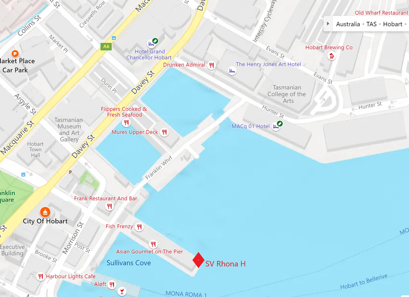 Map of where to find SV Rhona H and carparking