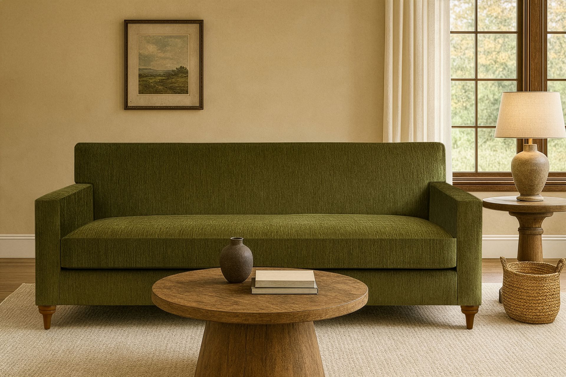 Green sofa in a living room, with a round coffee table and a side table with a lamp.