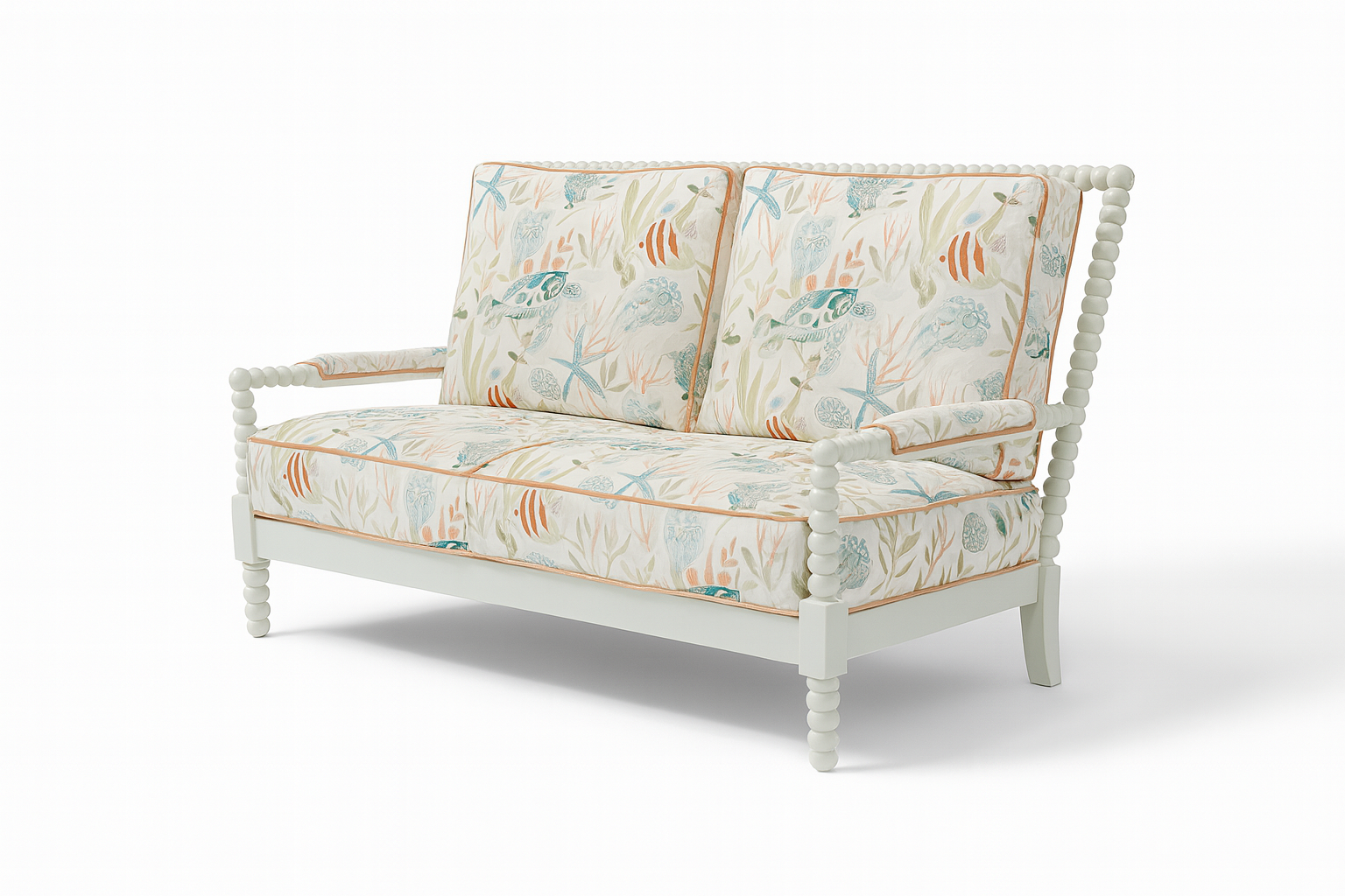 beautiful accent bench with wooden arms and legs with tropical fabric