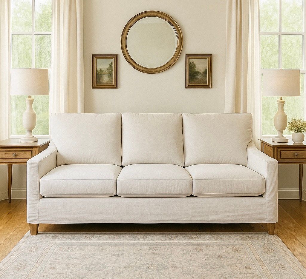 Cream-colored sofa in a living room, flanked by windows and end tables with lamps. A round mirror hangs above the sofa.