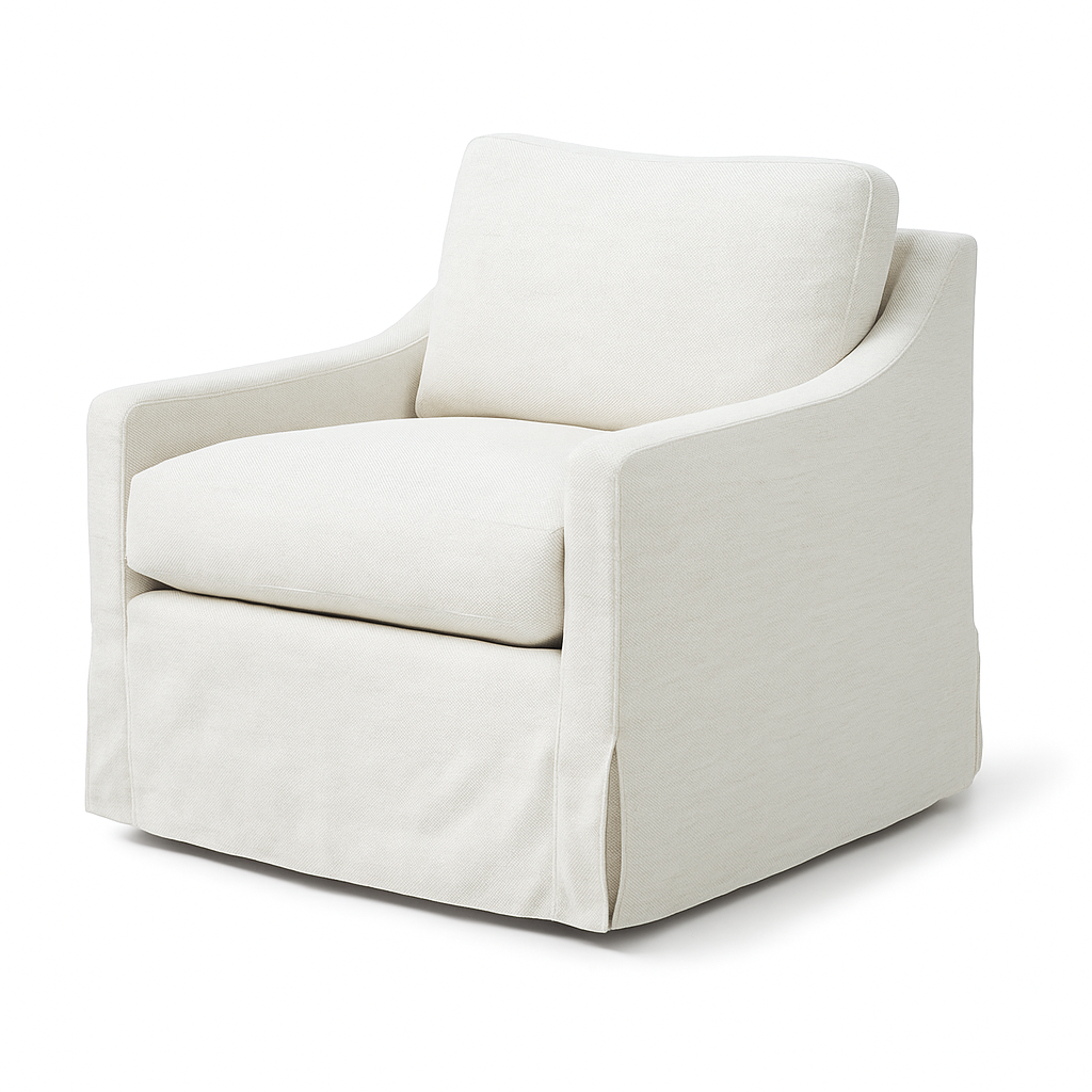 White upholstered swivel armchair with textured fabric.