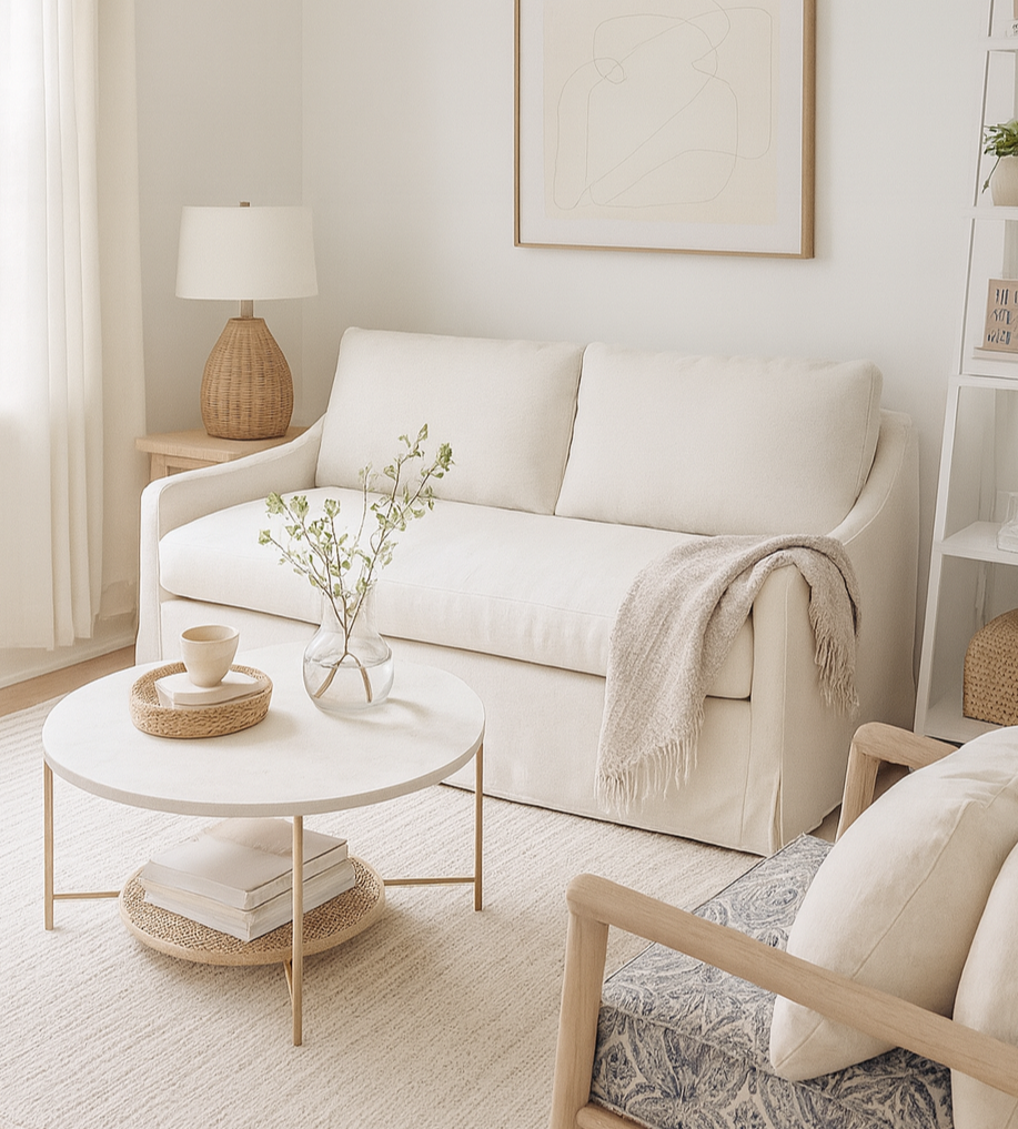 A living room with a large sectional couch and a coffee table.