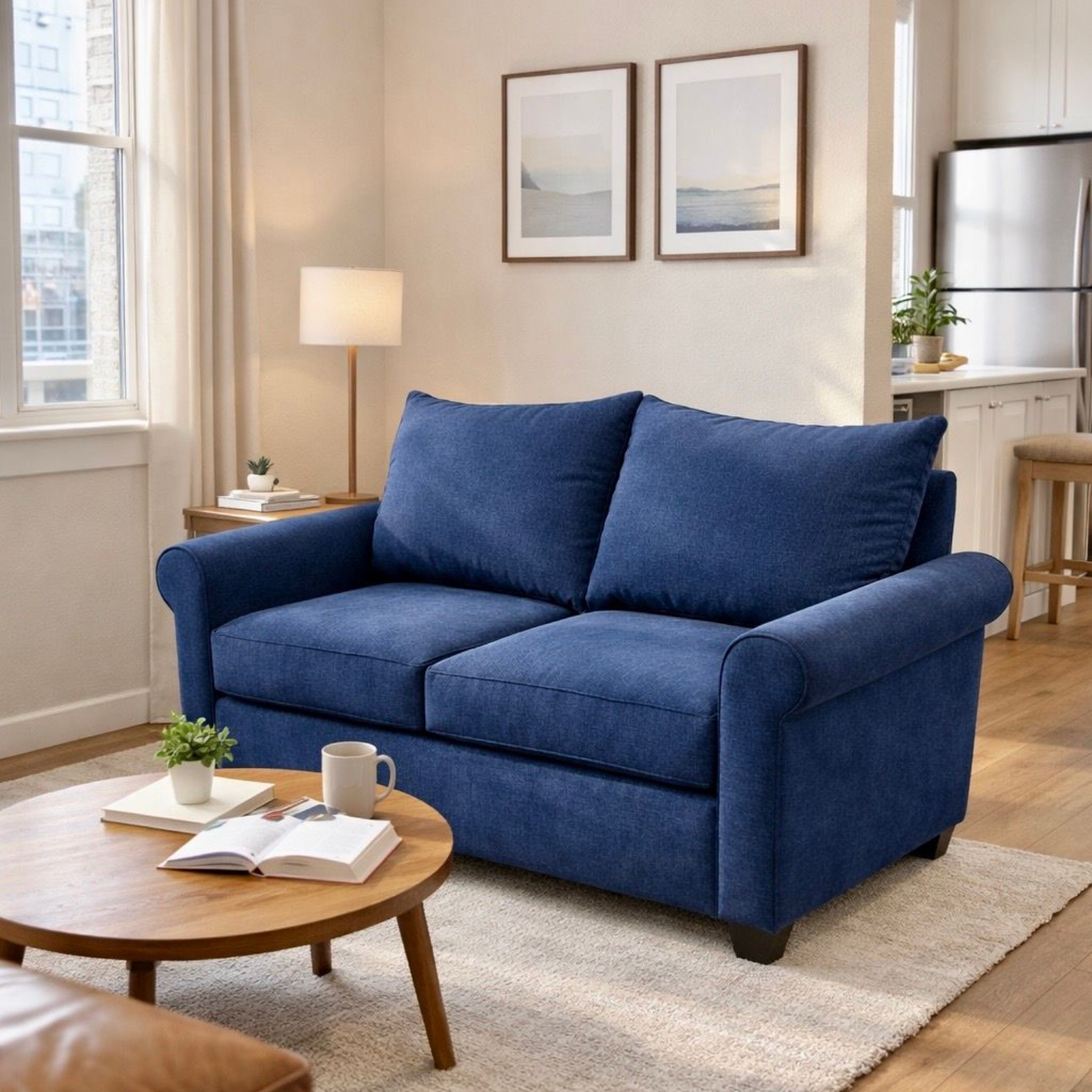 Blue loveseat in a living room, with a round coffee table and two framed prints on the wall.