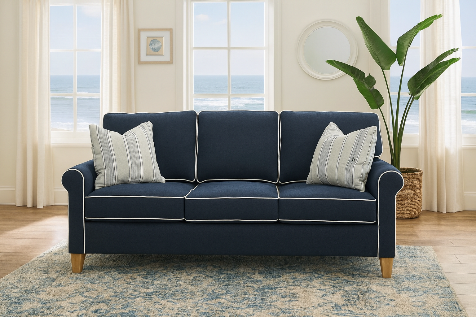 Navy blue sofa with white trim and pillows in a coastal living room setting.