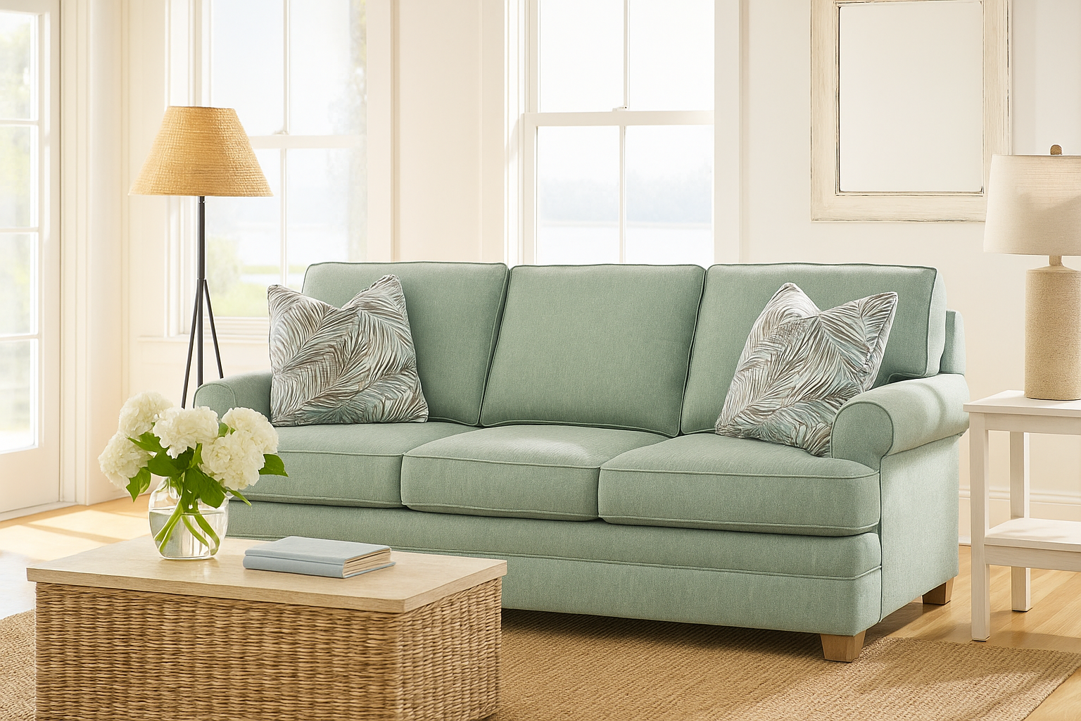 A living room with a large modern sectional couch and a rug.