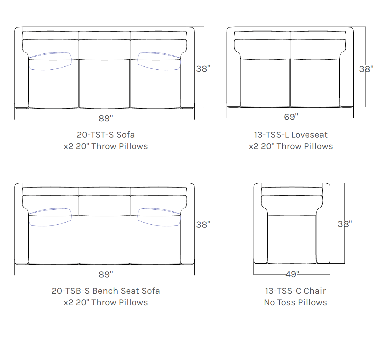 Diagram of a sofa, loveseat, and chair with dimensions.