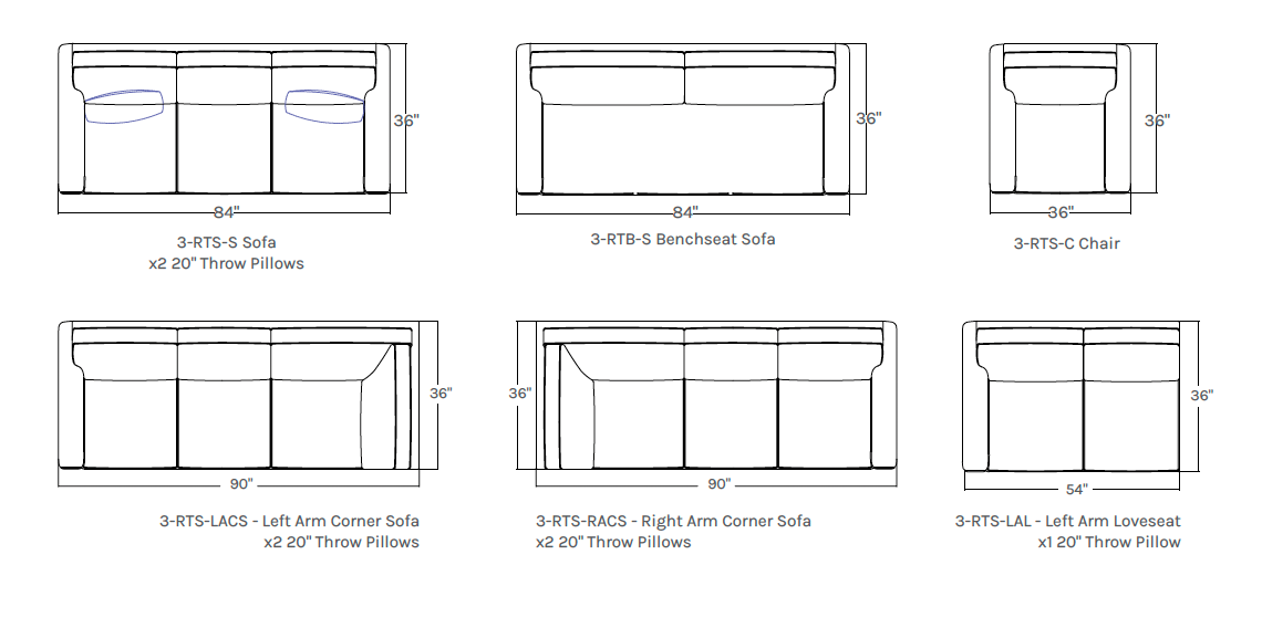 Diagram of sofas with dimensions.