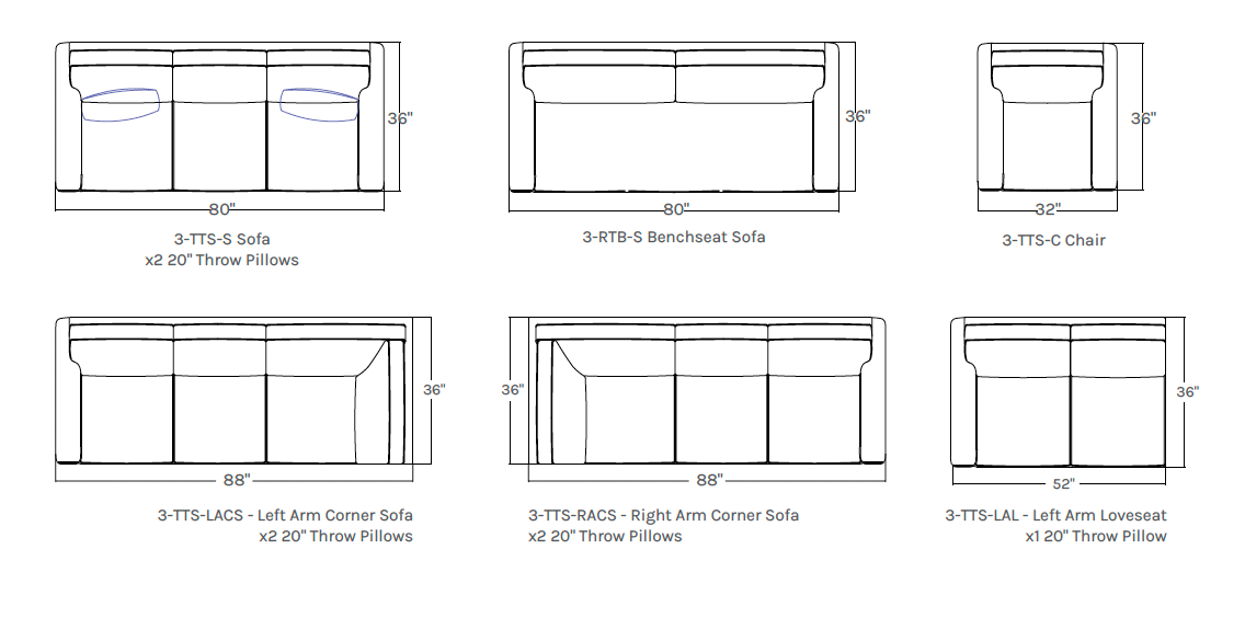 Diagrams of sofas with dimensions.