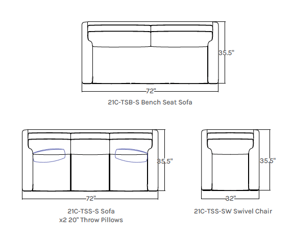 Diagram of a sofa, chair, and dimensions. The sofa and chair are drawn from different angles to show measurements.