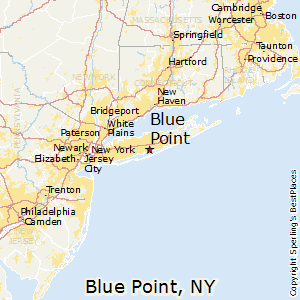 Map showing Blue Point, NY, located east of New York City, with surrounding cities labeled.