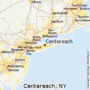 Map showing the location of Centereach, New York, with surrounding cities like New York City, Boston, and Philadelphia.