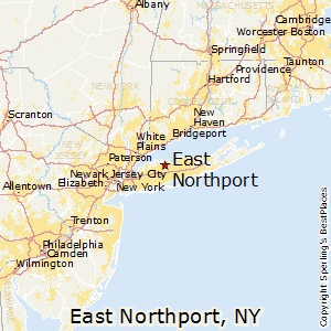 Map of the northeastern United States showing the location of East Northport, NY, near New York City.