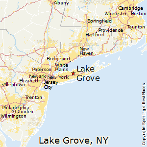 Map of the Northeastern US, centered on Lake Grove, New York, with major cities and landmarks labeled.