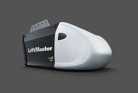 LiftMaster garage door opener, white and black, on a gray background.